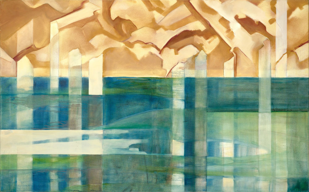 Abstract print of water after a storm with teal green and golden hues