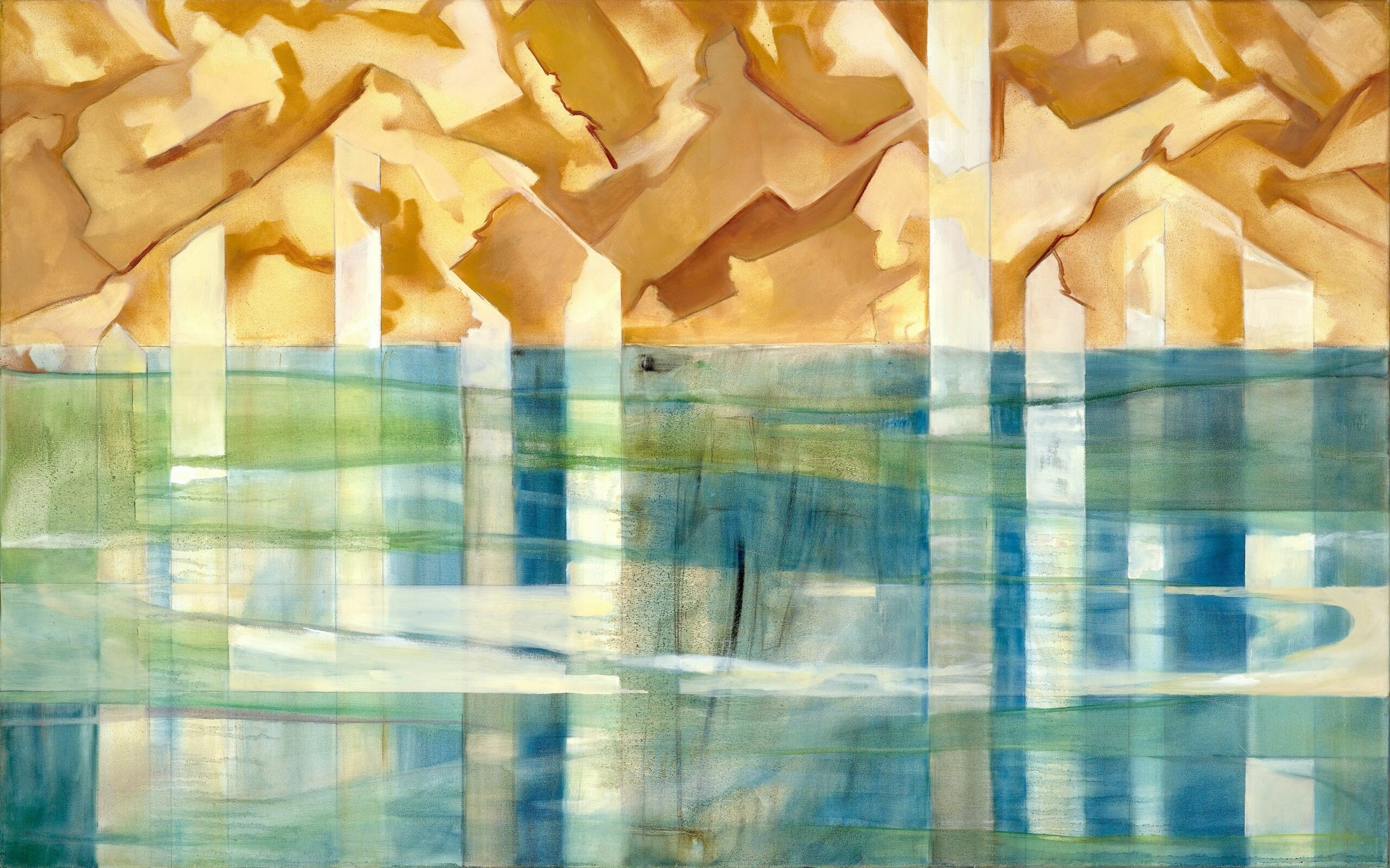 Modern print of a painting called After the Storm with ochre, yellow, greens and blues
